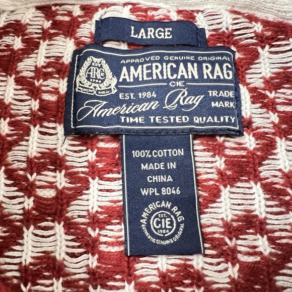 American Rag Sweater Mens Size Large Red Ivory Shawl Collar 100% Cotton Pullover - Picture 3 of 7